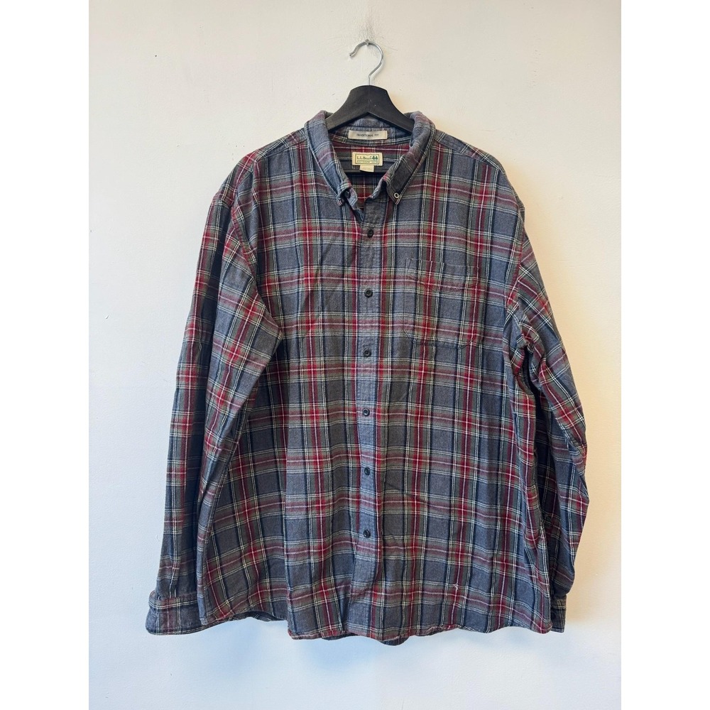 Vintage L.L.‎ Bean Shirt Mens 2XL Gray Red Plaid Flannel Button Down Long Sleeve
